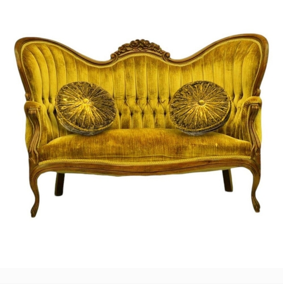 Set 2 Vintage 50s Smocked Velvet Round Pillows Olive Gold Pinwheel - Picture 3 of 14